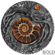 2019 Niue Ammonite Fossil Amber High Relief 2 oz Silver